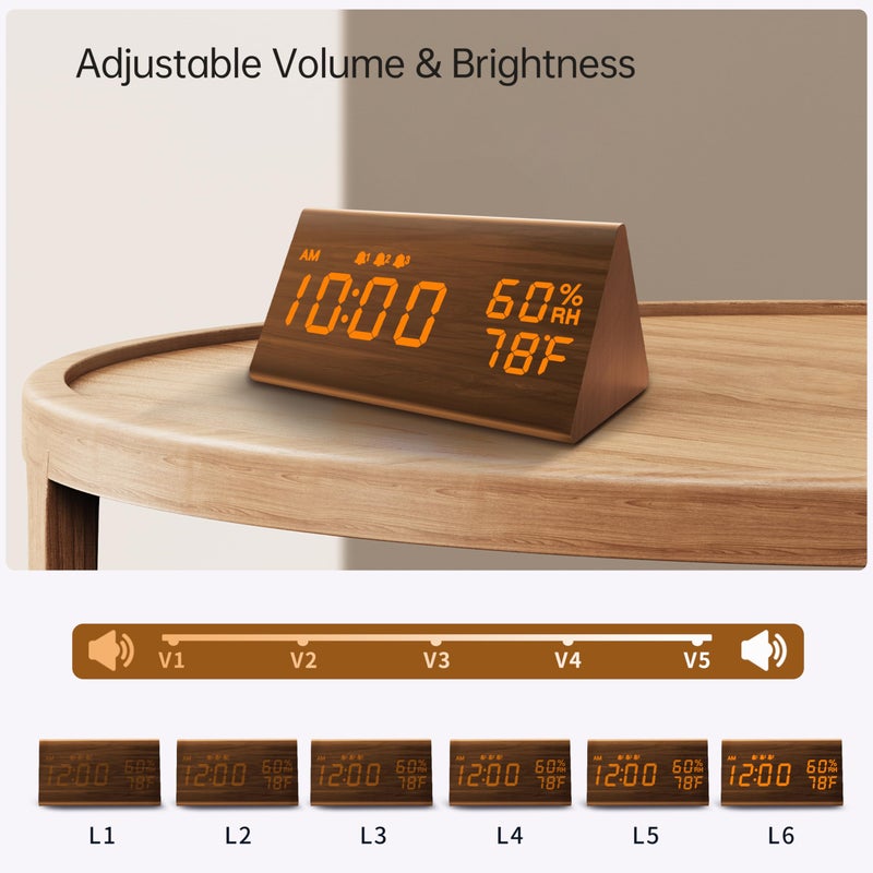JALL Digital Alarm Clock, with Wooden Electronic LED Time Display, 3 Alarm Settings, Humidity & Temperature Detect, Wood Made Electric Clocks for Bedroom, Bedside (Brown) - Image 4